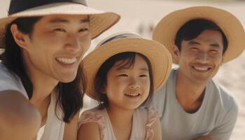 familie bonding buitenshuis, glimlachen en lachend, genieten van zomer vakanties gegenereerd door ai foto