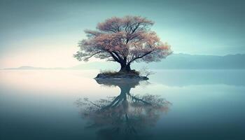 rustig tafereel van reflectie in water, herfst Woud silhouet gegenereerd door ai foto