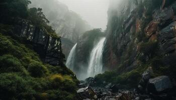 majestueus berg bereik, rustig tafereel, vloeiende water, schoonheid in natuur gegenereerd door ai foto