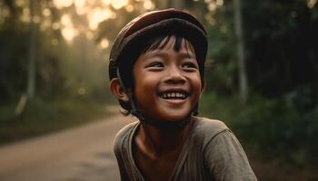 glimlachen kind op zoek Bij camera in Woud, zorgeloos avontuur gegenereerd door ai foto