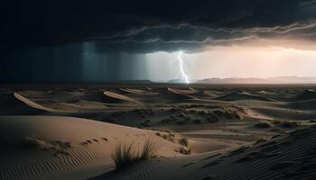 majestueus berg bereik, dramatisch lucht, rimpelingen in zand duinen gegenereerd door ai foto