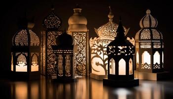 Ramadan lantaarns verlichten de nacht in overladen Arabisch stijl decoratie gegenereerd door ai foto