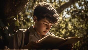 een kind lezing een boek in natuur, genieten van aan het leren buitenshuis gegenereerd door ai foto