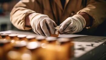 deskundige vakman Holding werk gereedschap in fabricage werkplaats voor bouw industrie gegenereerd door ai foto