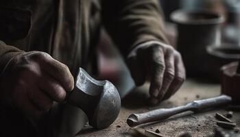 Kaukasisch timmerman Holding staal moersleutel, maken houten tafel binnenshuis gegenereerd door ai foto