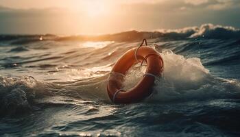 zonsondergang het zeilen Aan nautische vaartuig met veiligheid uitrusting en boei gegenereerd door ai foto