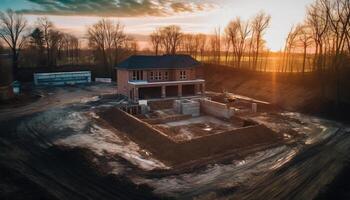 zonsondergang over- bouw plaats, machinerie graven in besneeuwd landschap gegenereerd door ai foto