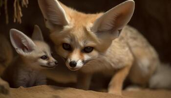pluizig rood vos katje zittend alert, op zoek Bij camera buitenshuis gegenereerd door ai foto