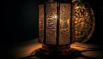 verlichte antiek lantaarn symboliseert geestelijkheid in inheems culturen gedurende Ramadan gegenereerd door ai foto