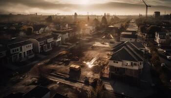 stad horizon Bij schemering, gebouwen en verkeer in beweging gegenereerd door ai foto