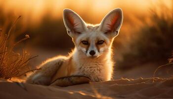 pluizig zoogdier zittend in gras, alertheid in dier oog gegenereerd door ai foto