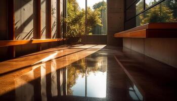 modern huiselijk kamer met helder zonlicht weerspiegelt natuur rustig tafereel gegenereerd door ai foto