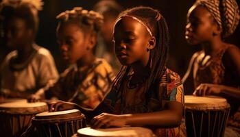 groep van mensen spelen musical instrumenten, genieten van inheems cultuur samen gegenereerd door ai foto