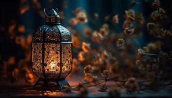 antiek lantaarn verlichte tafel met overladen decoratie voor Ramadan viering gegenereerd door ai foto