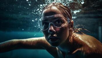 Kaukasisch vrouw duiken in blauw onderwater- avontuur generatief ai foto