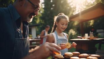 multi generatie familie geniet zomer barbecue in werf generatief ai foto