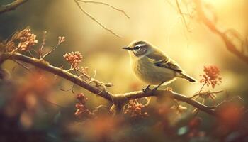 geel zangvogel neerstrijken Aan Afdeling in zonlicht generatief ai foto