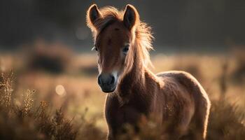 hengst begrazing in weide Bij zonsondergang, mooi generatief ai foto