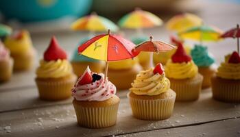 vers gebakken multi gekleurde cupcakes voor verjaardag viering generatief ai foto