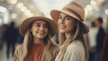 twee jong Dames lachend, genieten van zomer vakantie generatief ai foto