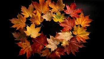 levendig herfst esdoorn- boom bladeren Aan zwart achtergrond generatief ai foto