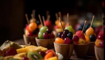 verscheidenheid van vers fruit Aan houten tafel generatief ai foto