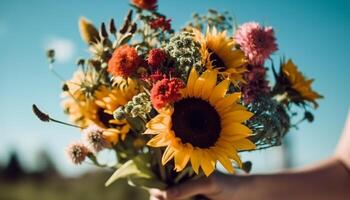 mannen Holding boeket van vers zonnebloemen buitenshuis generatief ai foto