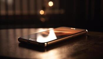 glimmend tintje scherm Aan houten tafel verlicht kamer generatief ai foto