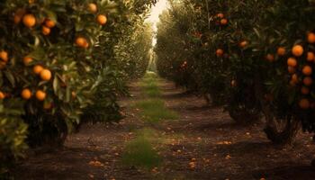 rij van rijp citrus bomen in zonsondergang gloed generatief ai foto