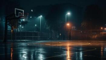 gloeiend basketbal hoepel in donker stadsgezicht wedstrijd generatief ai foto