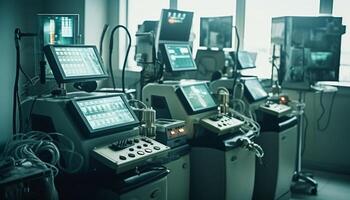 futuristische robot arm controles machinerie in laboratorium generatief ai foto