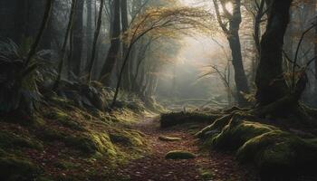 mysterieus mist lijkwaden herfst Woud rustig schoonheid gegenereerd door ai foto