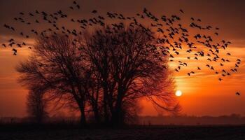 silhouet van groot dieren vliegend Bij schemer gegenereerd door ai foto