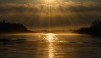 zonsondergang over- rustig wateren, natuur schoonheid schijnt gegenereerd door ai foto