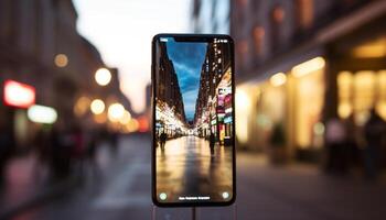 slim telefoon verlicht stad horizon Bij schemer gegenereerd door ai foto