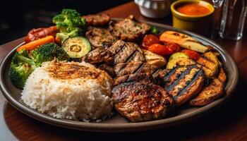 gegrild vlees en groenten Aan rustiek spiesjes gegenereerd door ai foto