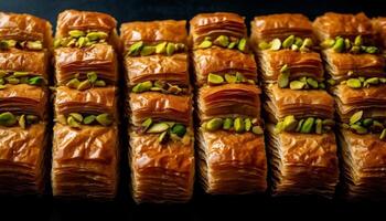 gebakken baklava, honing siroop, okkernoot mildheid, Turks genot gegenereerd door ai foto