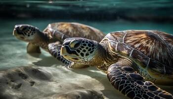 multi gekleurde zee schildpad zwemmen in rustig rif gegenereerd door ai foto