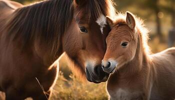 paarden begrazing in weide Bij zonsondergang samen gegenereerd door ai foto