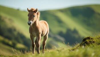 jong paard begrazing in rustig weide gegenereerd door ai foto