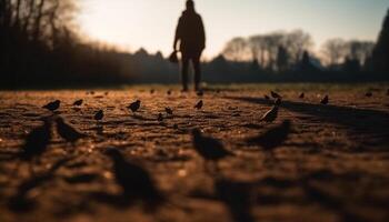 silhouet wandelen in rustig Woud Bij schemer gegenereerd door ai foto