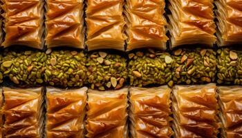 baklava, Turks vreugde, en snoep in een rij gegenereerd door ai foto