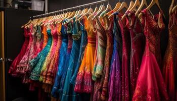 levendig kleding verzameling hangende in modern winkel gegenereerd door ai foto