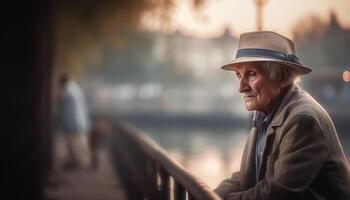 glimlachen senior Mens zittend in natuur eenzaamheid gegenereerd door ai foto