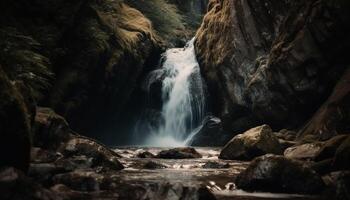 vloeiende water watervallen naar beneden rotsachtig berg terrein gegenereerd door ai foto