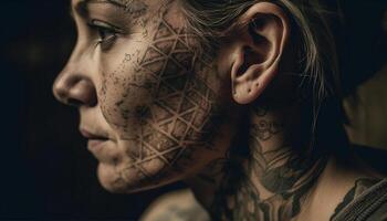 jong vrouw getatoeëerd gezicht straalt uit donker creativiteit gegenereerd door ai foto