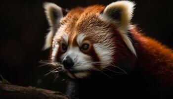 pluizig rood panda zittend buitenshuis, staren Bij camera gegenereerd door ai foto