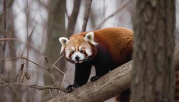 schattig rood panda zittend Aan bamboe Afdeling gegenereerd door ai foto