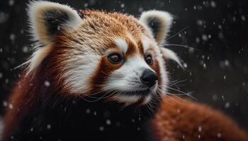 pluizig rood vos zittend in sneeuw, op zoek gegenereerd door ai foto