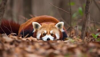 pluizig rood panda staren Bij camera buitenshuis gegenereerd door ai foto